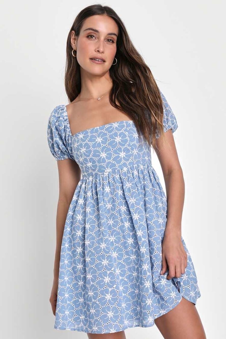 Lulus Fit to Frolic Blue Eyelet Lace Puff Sleeve Babydoll Mini Dress Size Medium